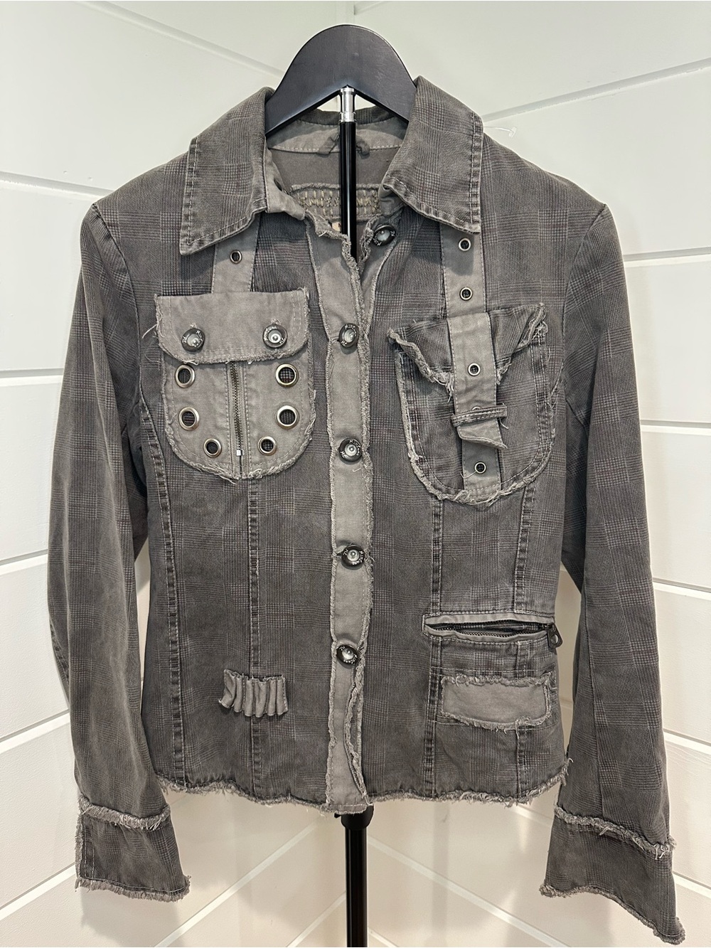 Miss Luna Distressed Utility Moto Jacket Y2K Grunge Avant Garde Patchwork M - Picture 16 of 16